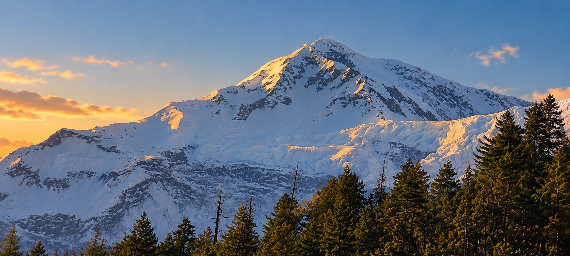 Sunrise lighting a snow peak above pine forest in the Himalaya.